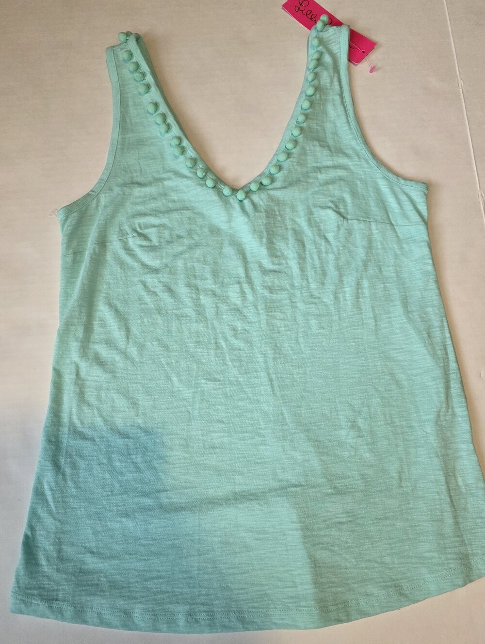 Lilly Pulitzer Mint V-Neck Tank with Pom Trim, Size S NWT.